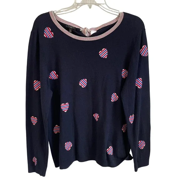Talbots Patriotic Heart Print Sweater Tie Back Long Sleeve Knit Top Petite Large - Picture 1 of 9